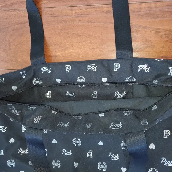 PINK VICTORIA'S SECRET WEEKENDER BAG TOTE BLACK AND SILVER. - Picture 5 of 6